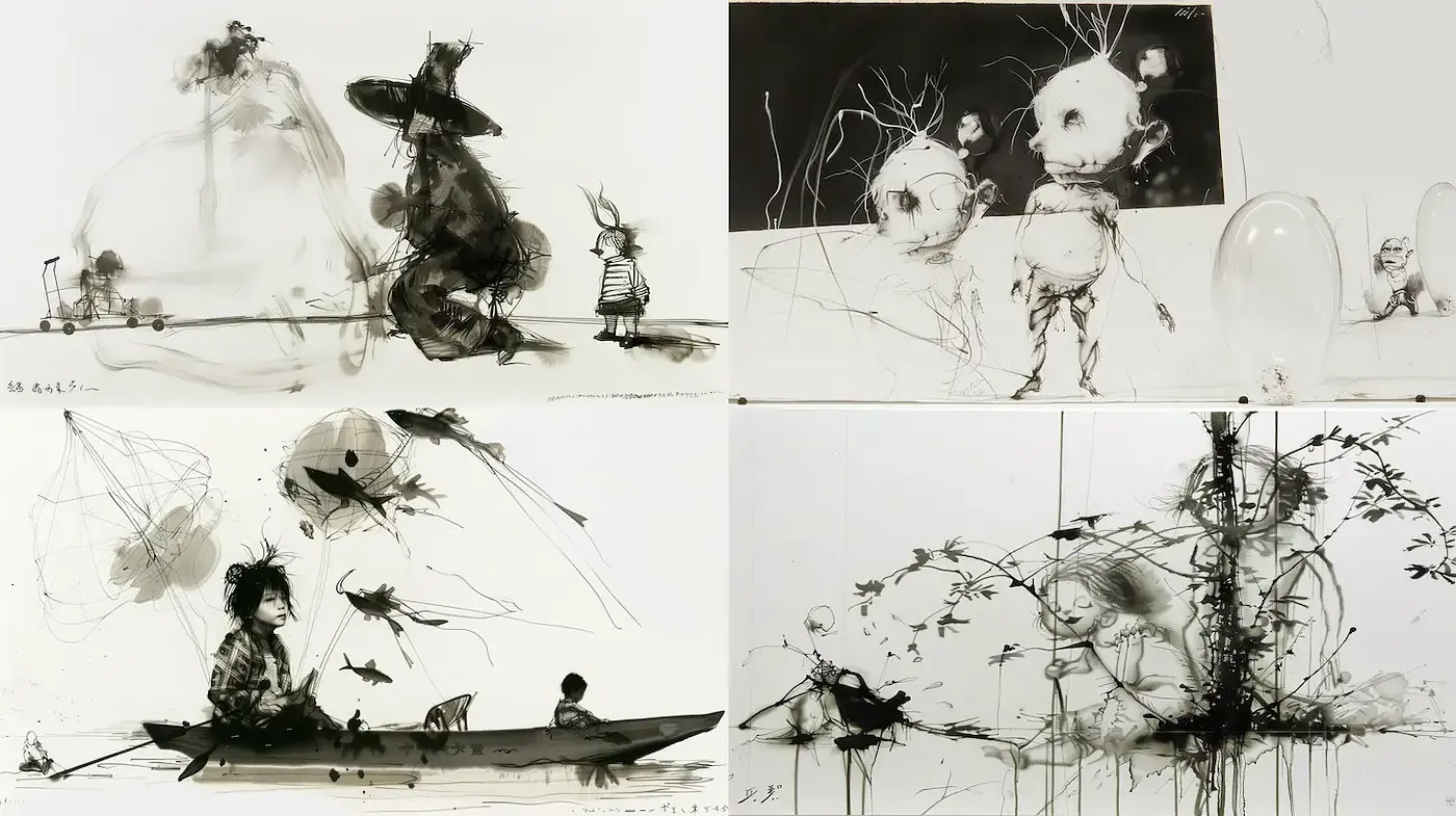 Whimsical monochrome illustrations with a surreal touch - Midjourney sref style