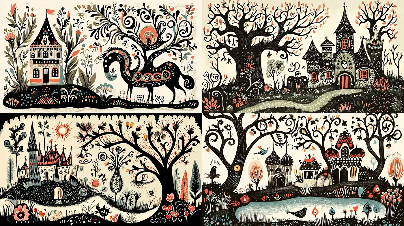 Folkloric Enchantment: A Tapestry of Whimsical Nature and Architecture - Midjourney sref style