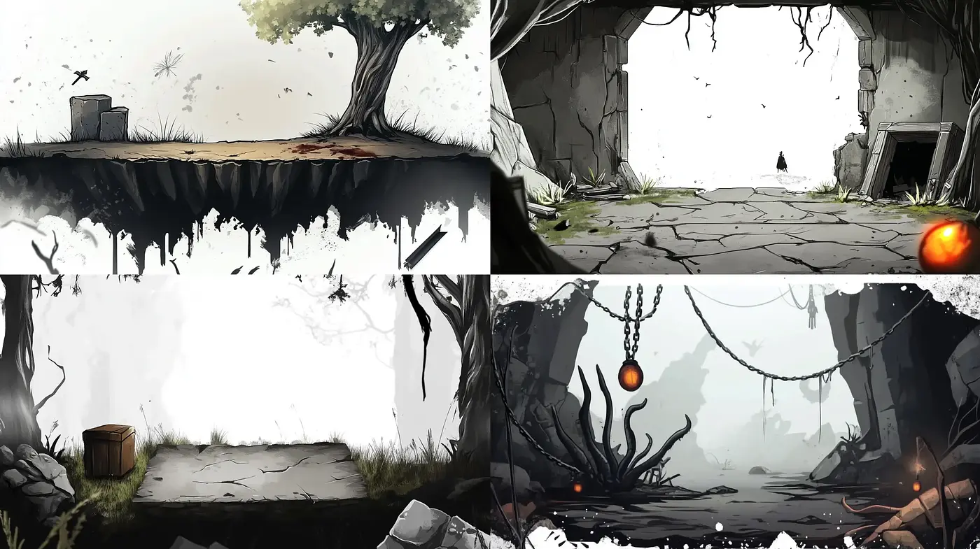 Ethereal Monochrome Fantasy Landscapes with Vivid Accents - Midjourney sref style