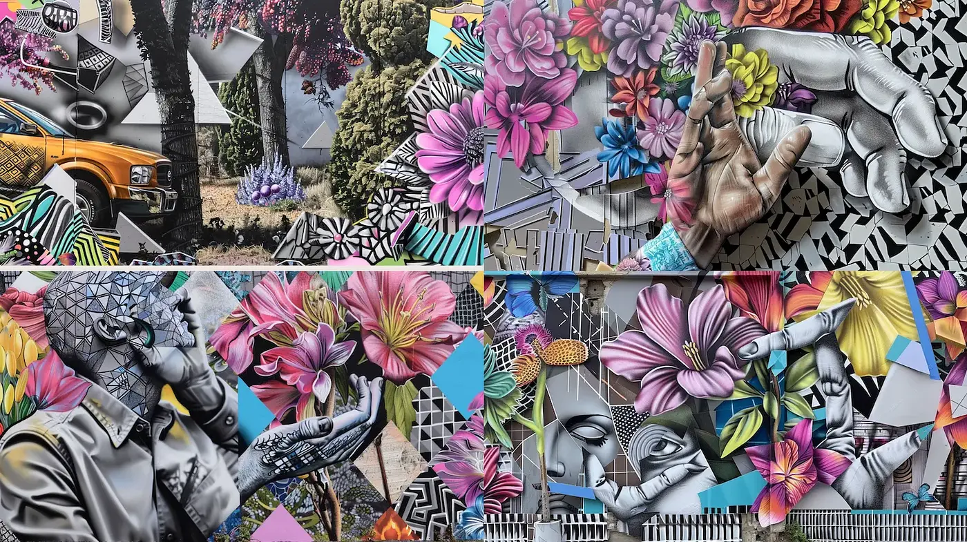 Vibrant Surreal Urban Expression with Floral Elements and Geometric Patterns - Midjourney sref style