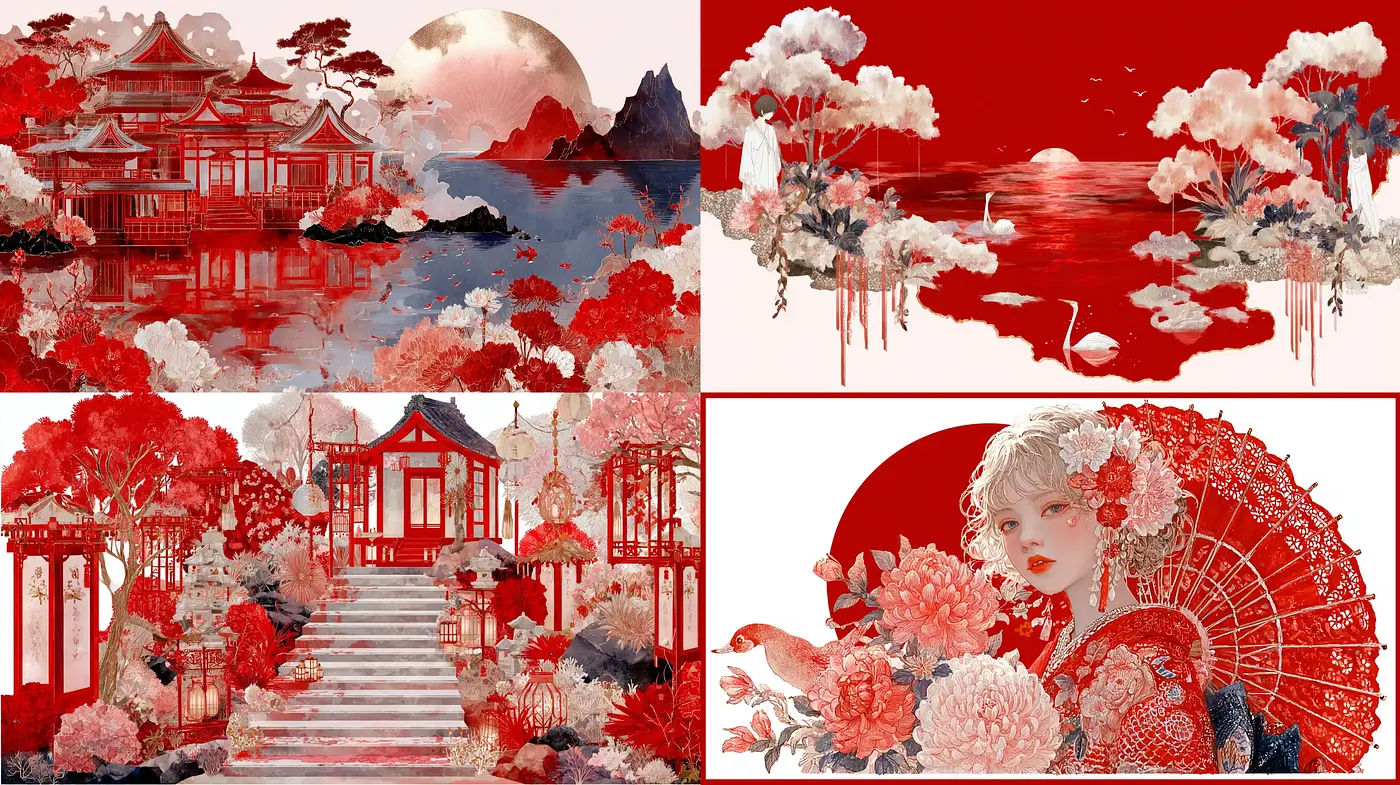 Elegant and Harmonious Aesthetic with a Dominant Red Palette - Midjourney sref style