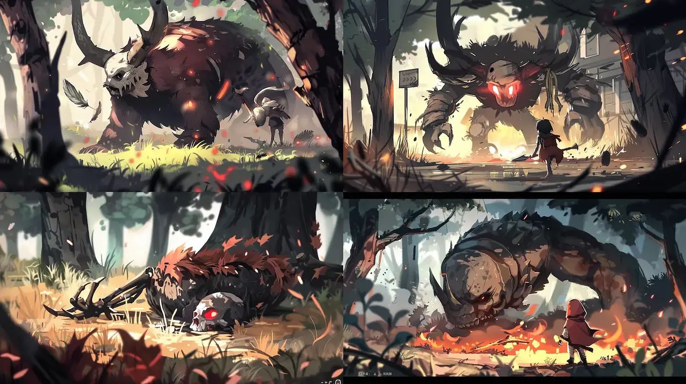 Whimsical and mysterious creature encounters in a magical forest - Midjourney sref style