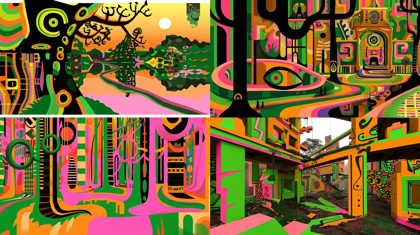 Psychedelic Urban Dreamscape Fusion - Midjourney sref style