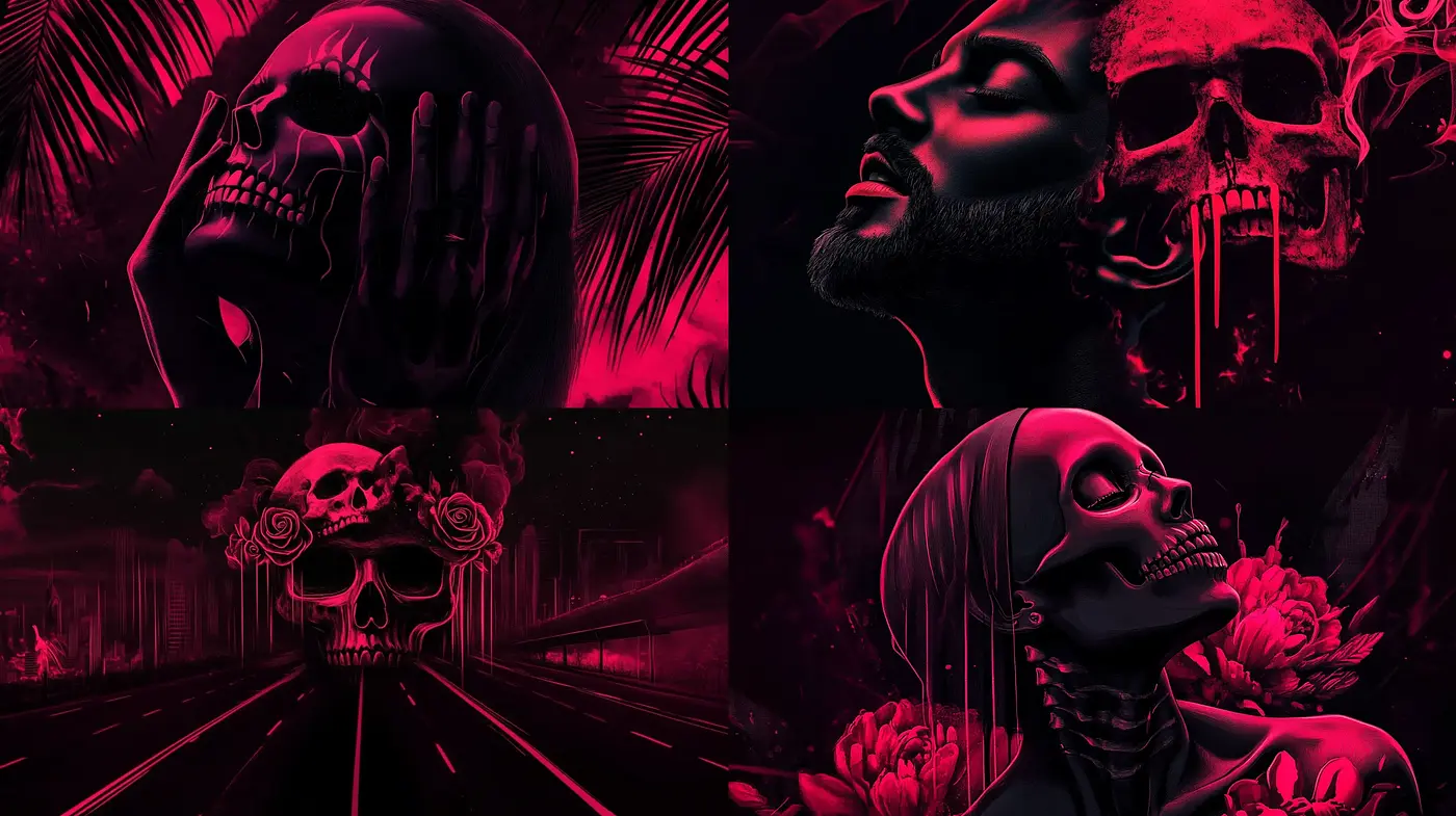 Neon Noir Skulls Amidst a Surreal Crimson Dreamscape - Midjourney sref style