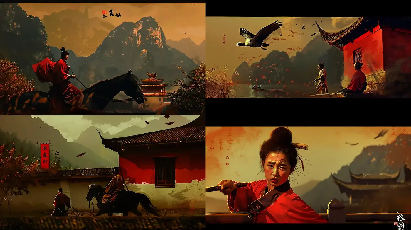Dynamic and evocative Eastern-inspired landscapes with a cinematic flair - Midjourney sref style