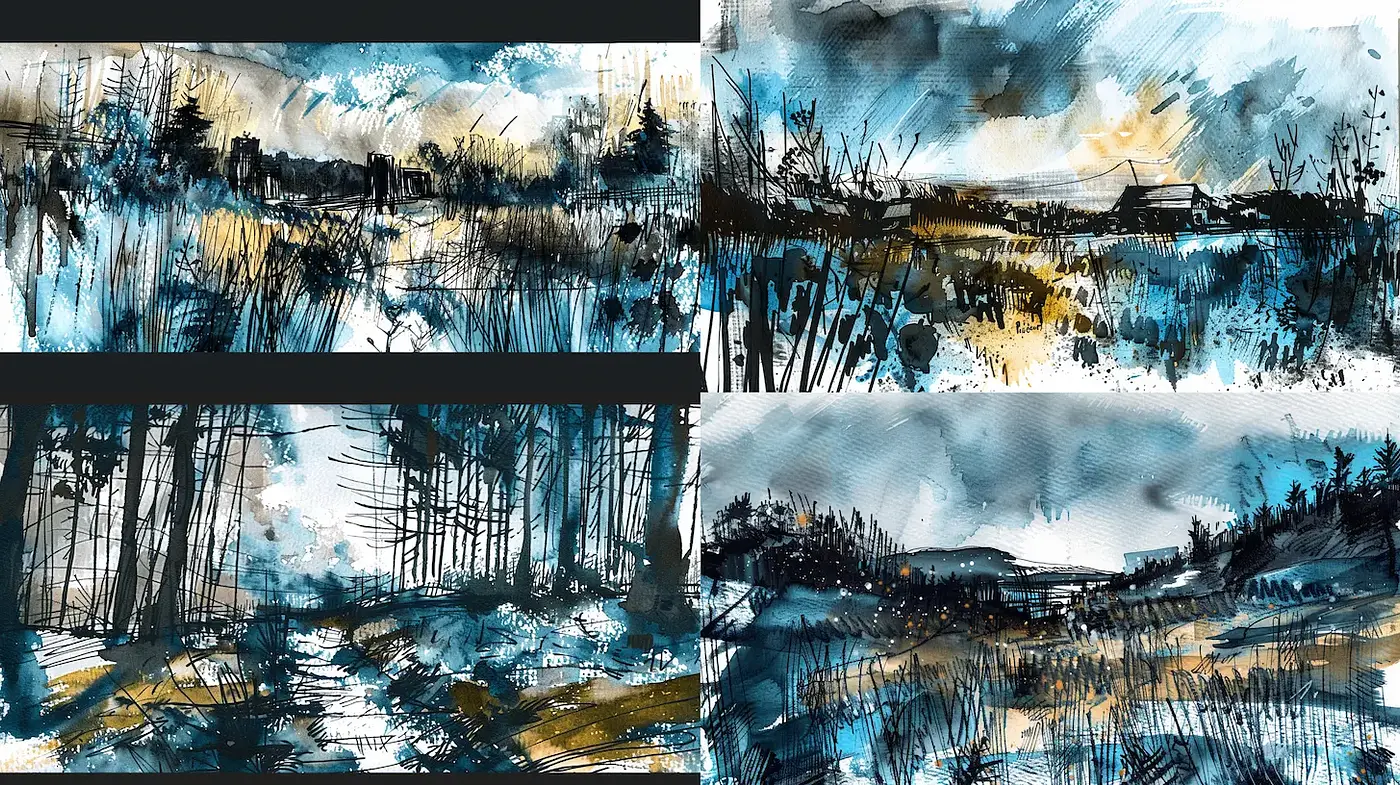 Dynamic and emotive landscapes with a watercolor influence - Midjourney sref style