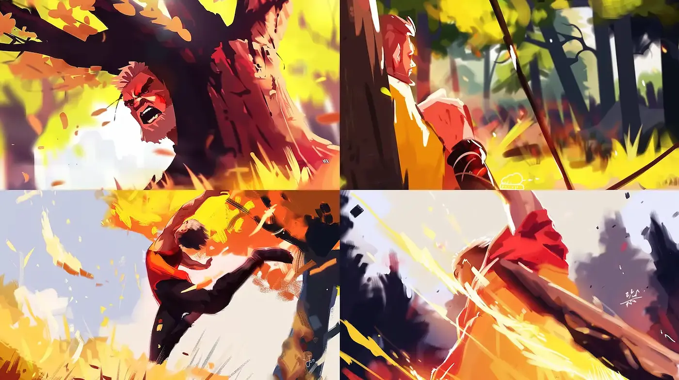 Dynamic Action Sequence with Bold Colors and Textured Brushstrokes - Midjourney sref style