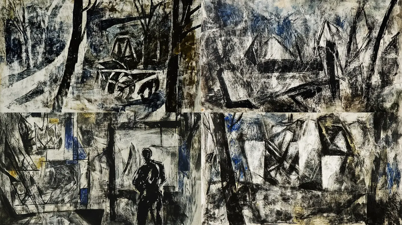 Abstract Expressionist Fusion with Monochromatic Tones and Textured Dynamics - Midjourney sref style