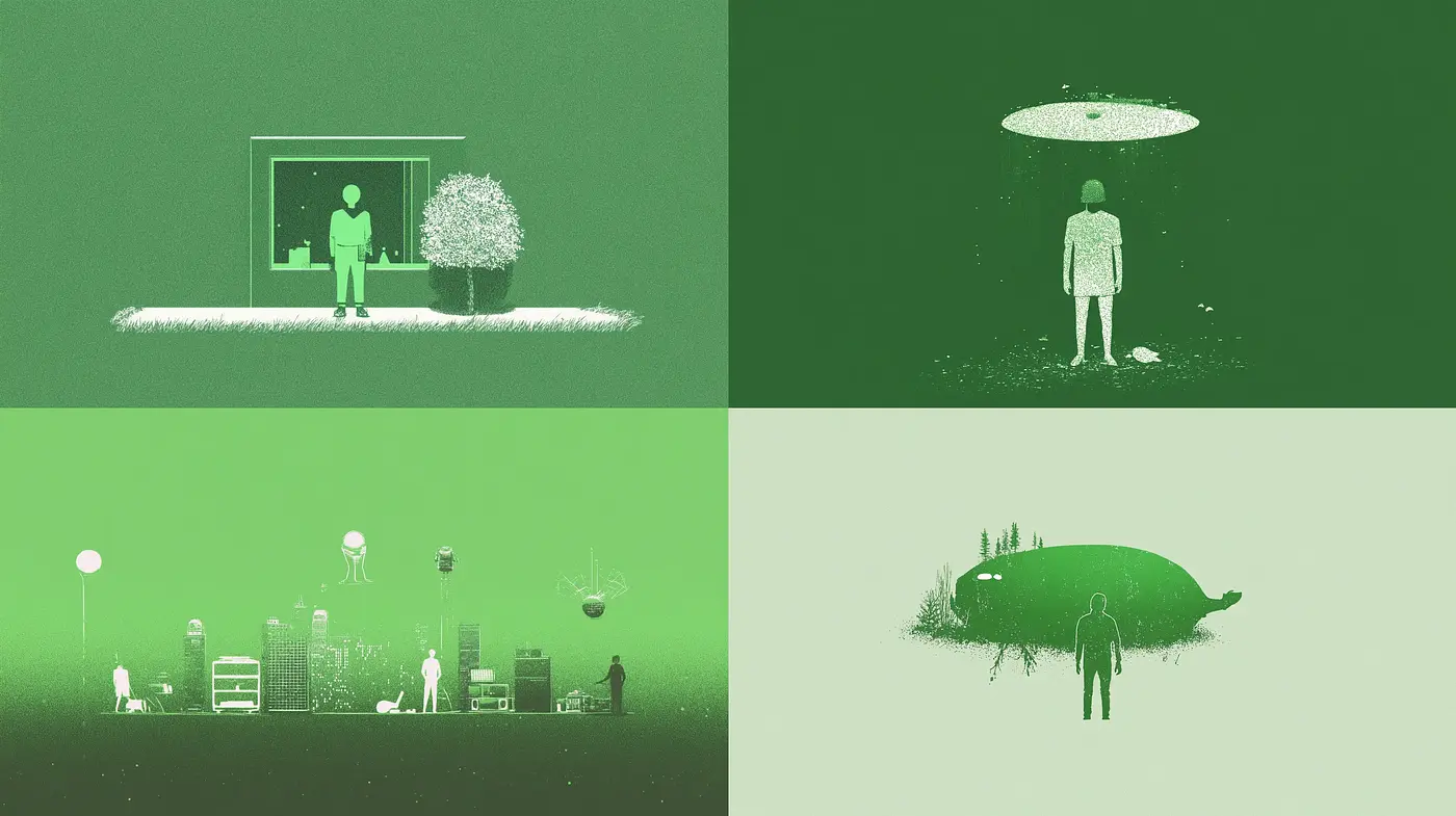 Ethereal Monochrome Dreamscape in Hues of Green - Midjourney sref style