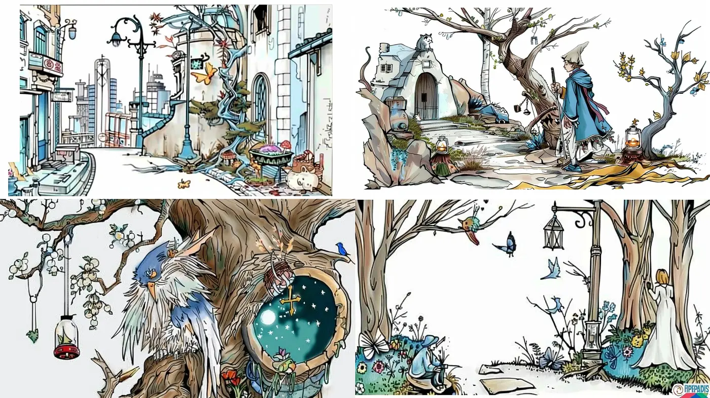 Enchanting Storybook Illustrations with Whimsical Ink and Wash - Midjourney sref style