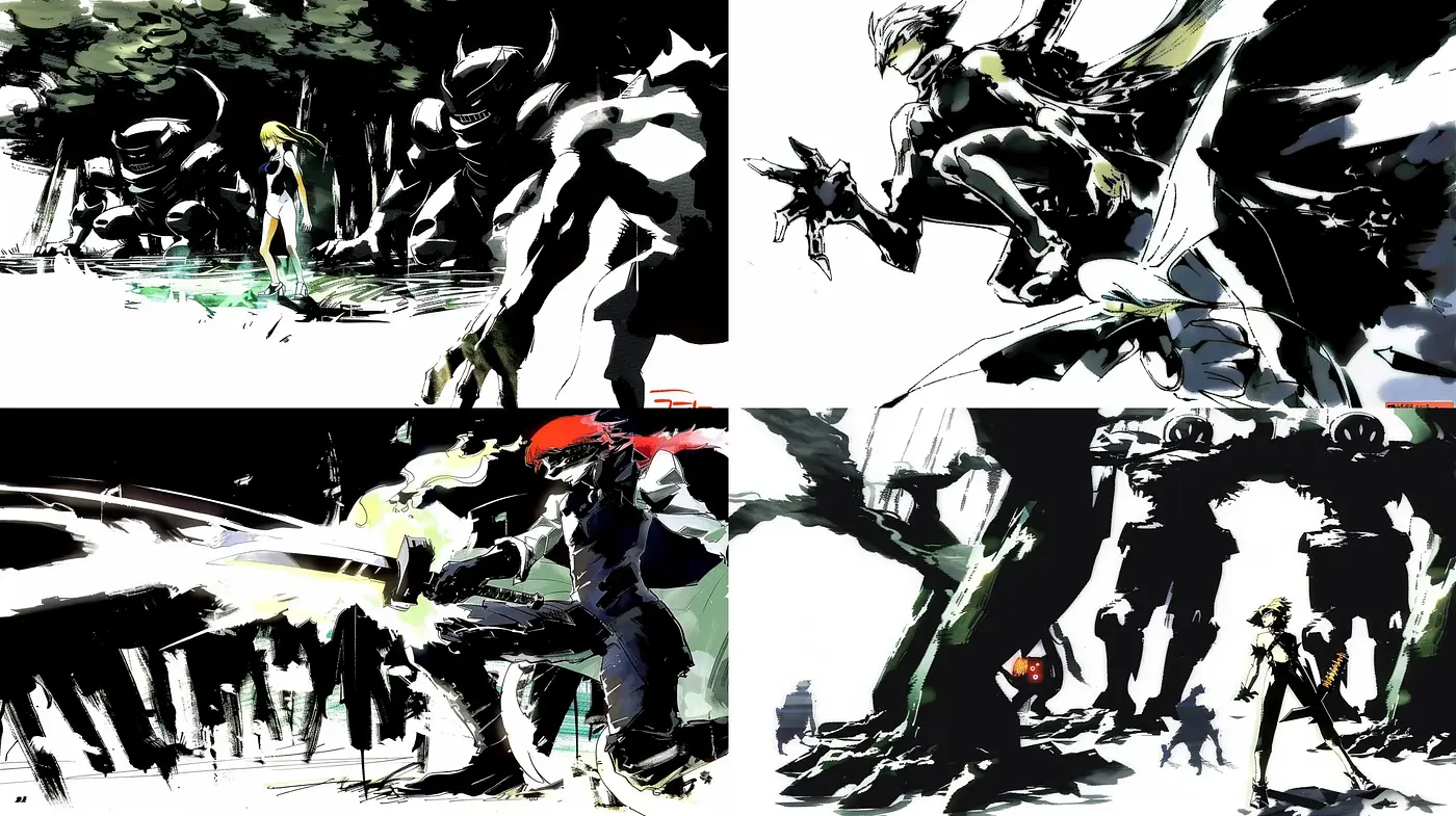 Dynamic Brushwork of Monochrome Intensity with Vivid Accents - Midjourney sref style