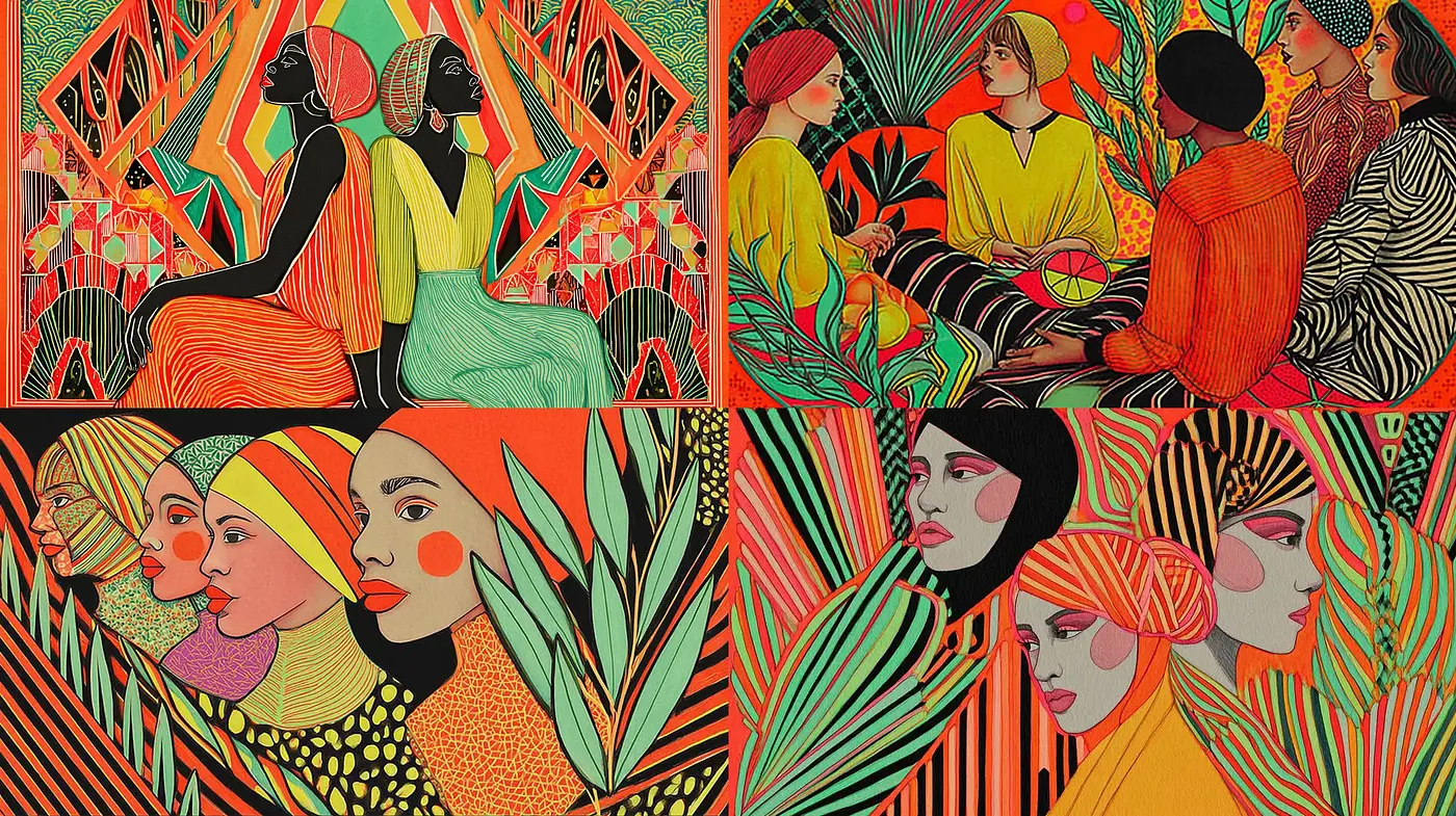 Vibrant and expressive illustrations showcasing cultural connections through bold color and pattern - Midjourney sref style