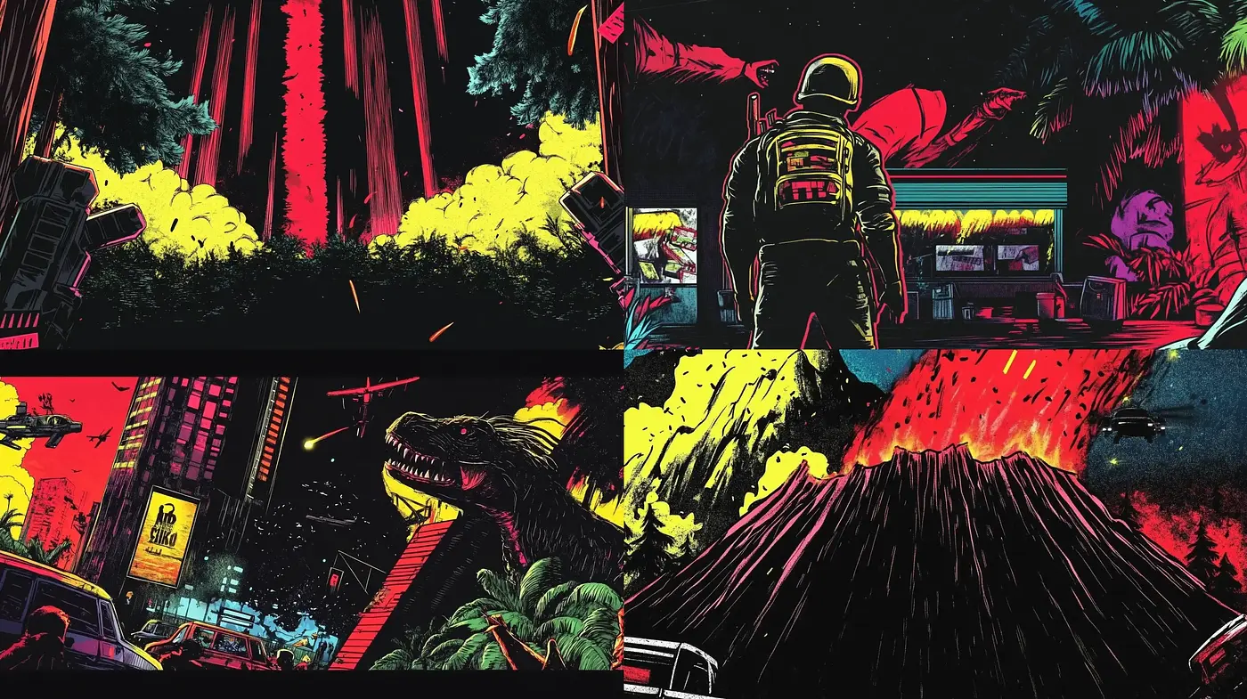 Neon Noir Panache: A Fusion of Vibrant Hues and Striking Contrasts Inspired by Modern Graphic Novels - Midjourney sref style