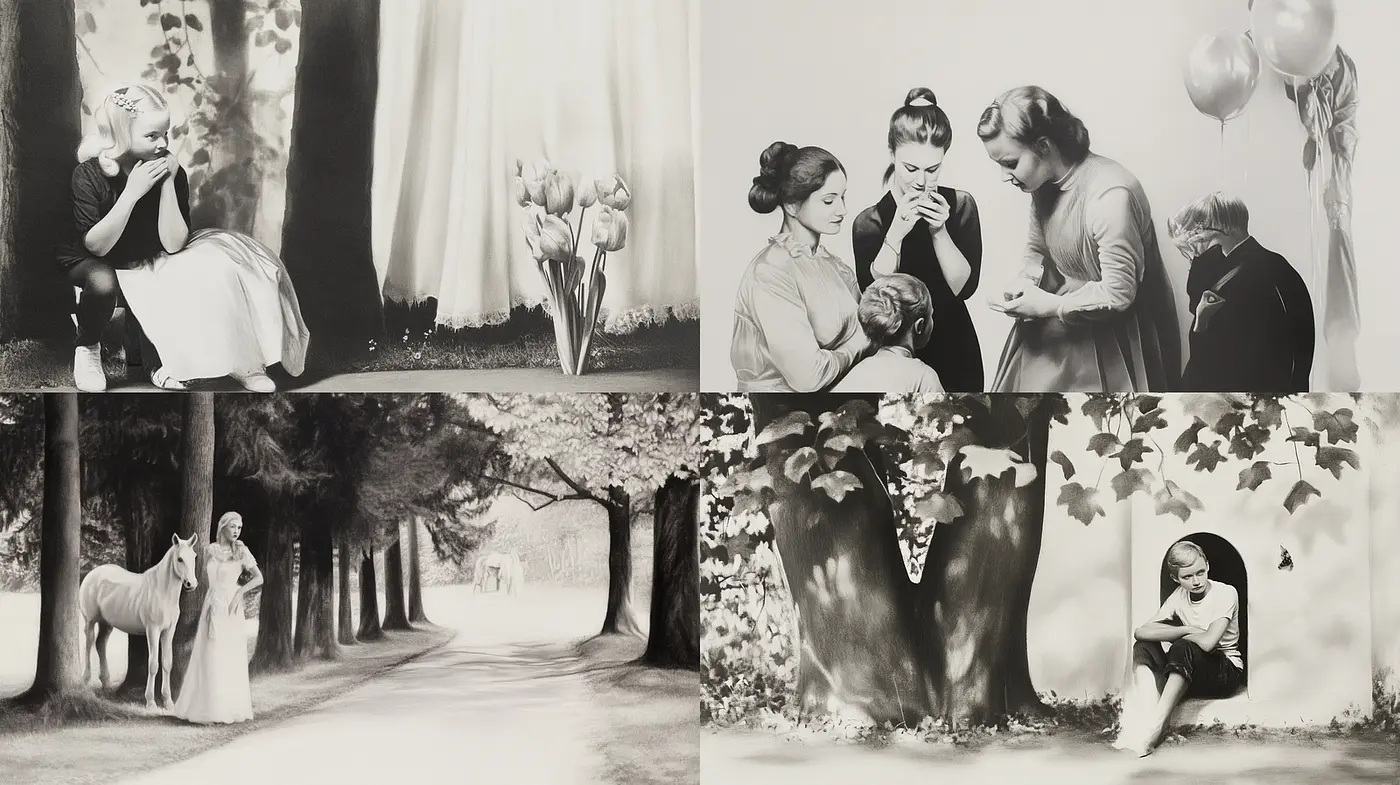 Monochromatic Vintage Narrative Scenes with Artistic Influences - Midjourney sref style