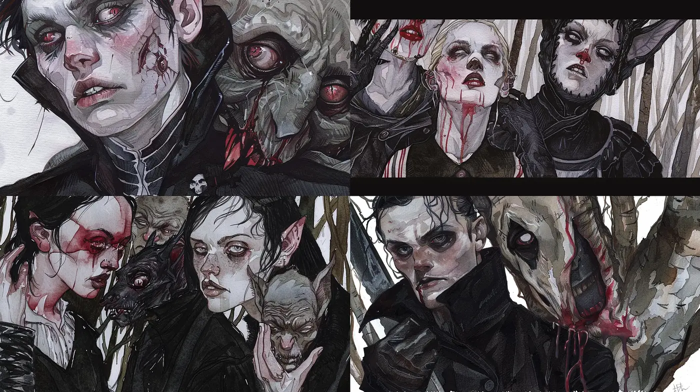 Gothic Elegance with a Macabre Twist: A Tale of Dark Fantasy and Horror Fusion - Midjourney sref style