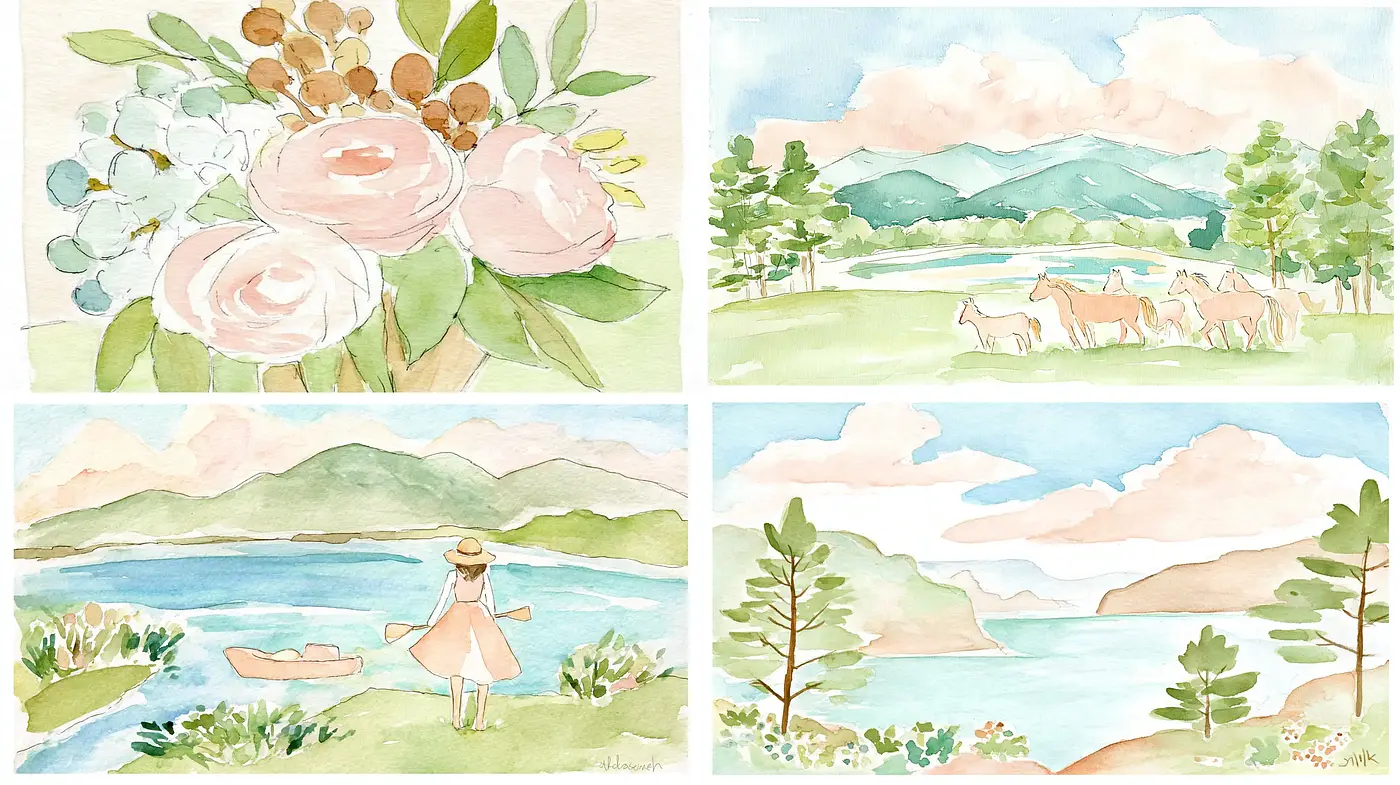 Serene Watercolor Landscapes with Floral Accents - Midjourney sref style