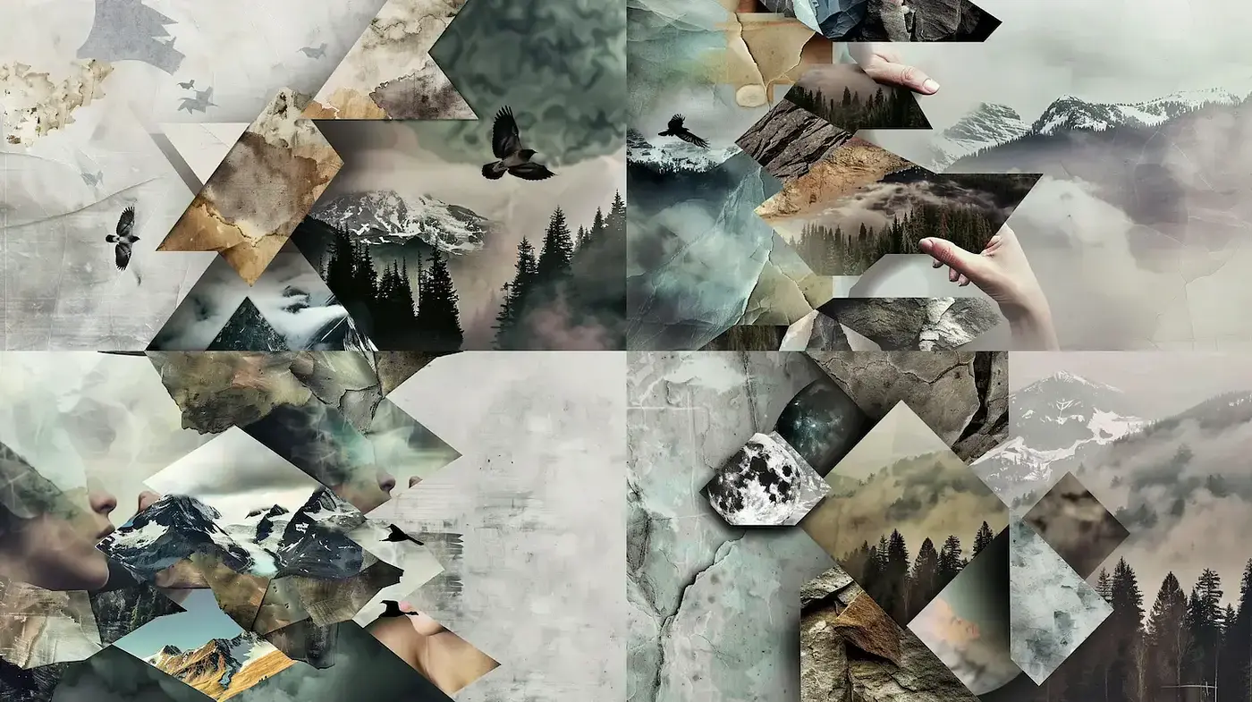 Abstract Collage with Nature and Emotional Elements - Midjourney sref style