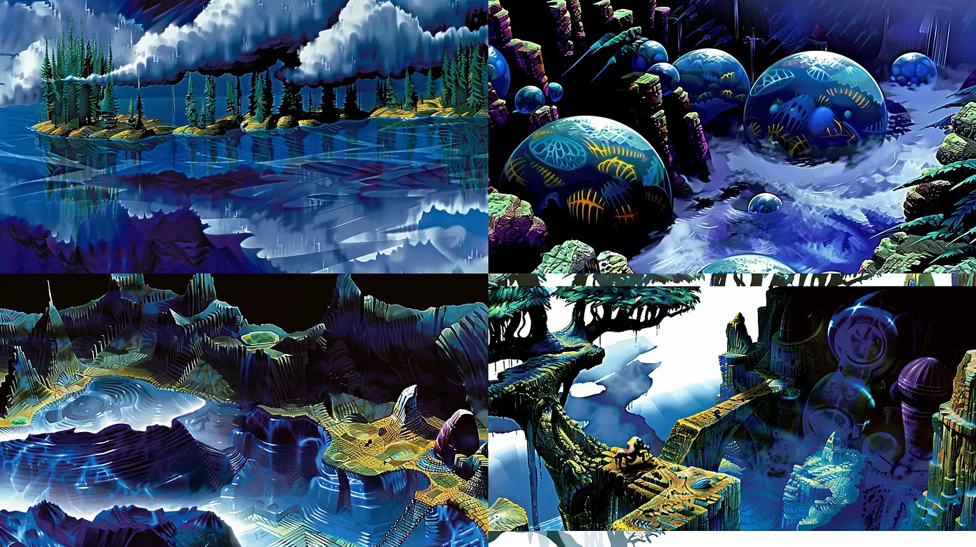 Ethereal Dreamscape in Sapphire and Emerald Hues - Midjourney sref style
