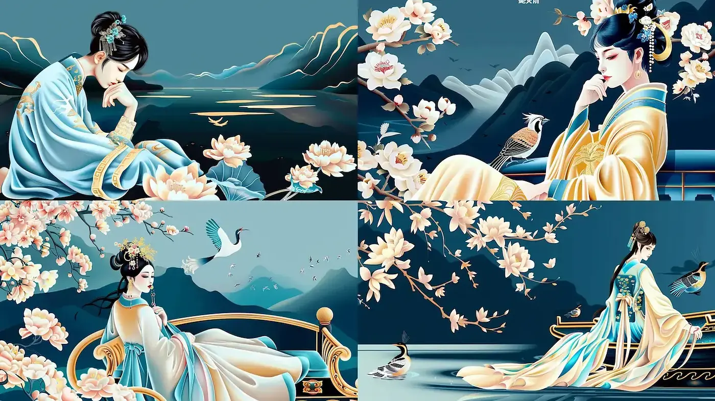 Serene Eastern Aesthetic with Floral Themes - Midjourney sref style