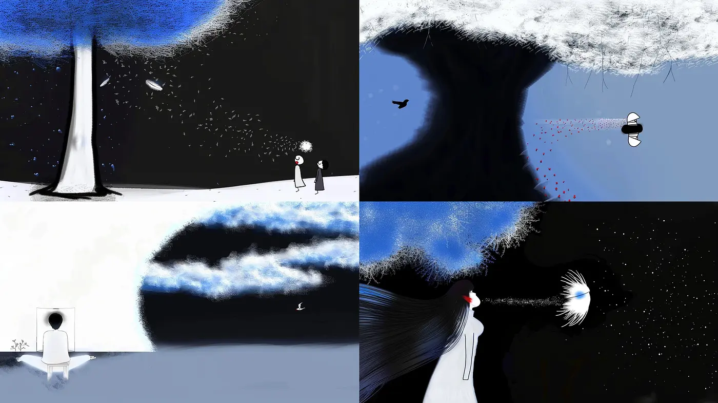 Ethereal Nocturnal Dreamscape: An Exploration in Monochrome and Blue Tones - Midjourney sref style