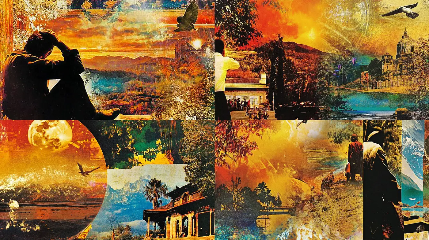 Sunset Collage Dreamscape in Surrealistic Overtones - Midjourney sref style