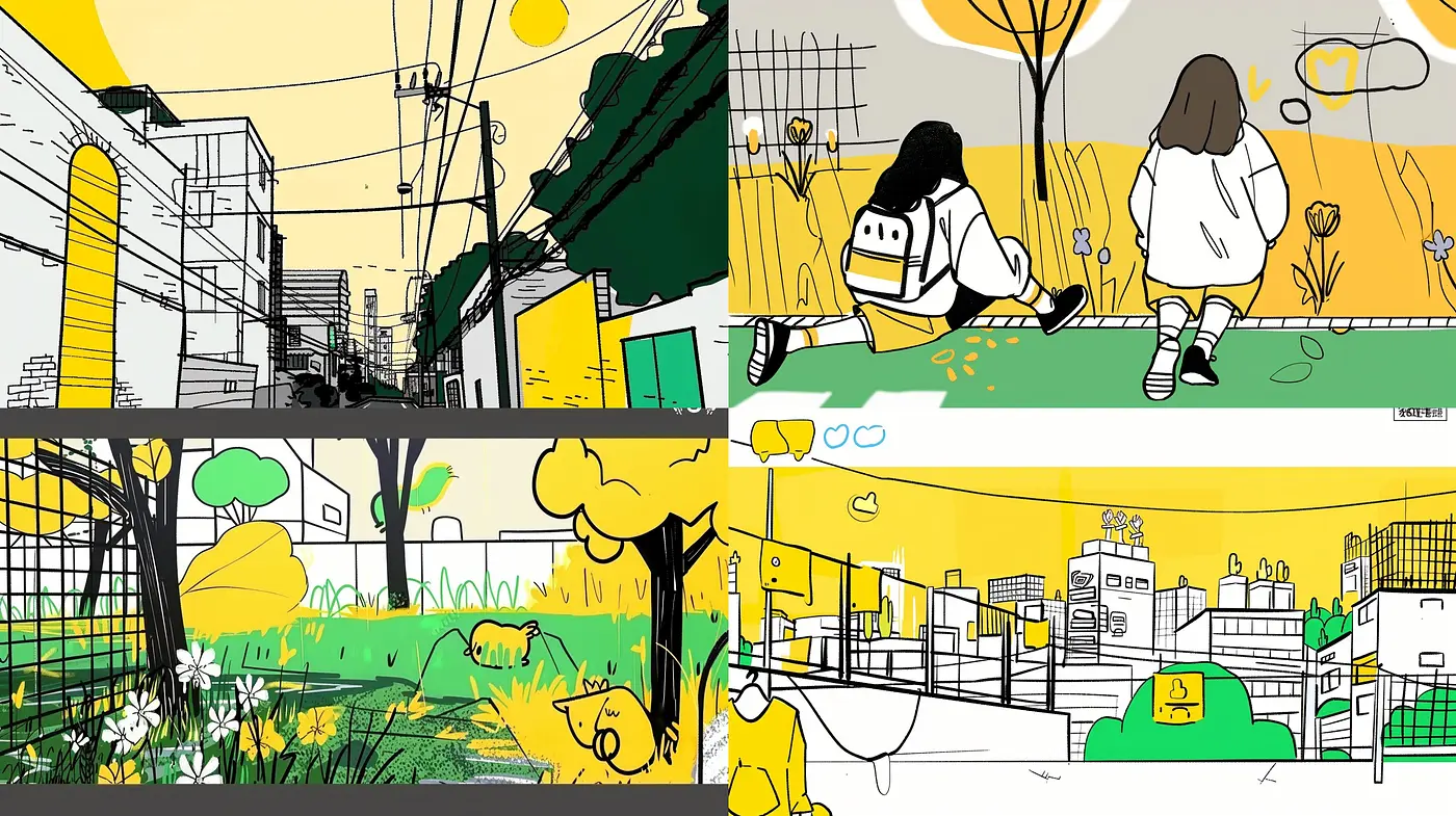 Monochrome Musing with Yellow Accents and Stylized Sketch Lines - Midjourney sref style