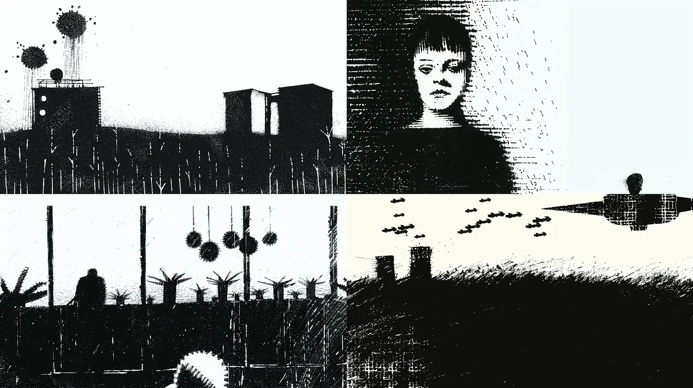 Monochromatic Ink Wash Dreamscapes with Stippling Detail - Midjourney sref style