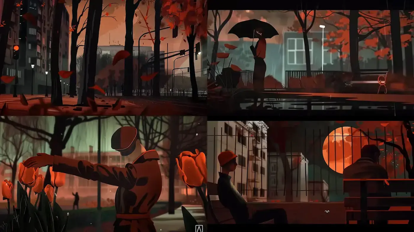 Stylized Urban Vignettes in Warm Red and Green Tones - Midjourney sref style