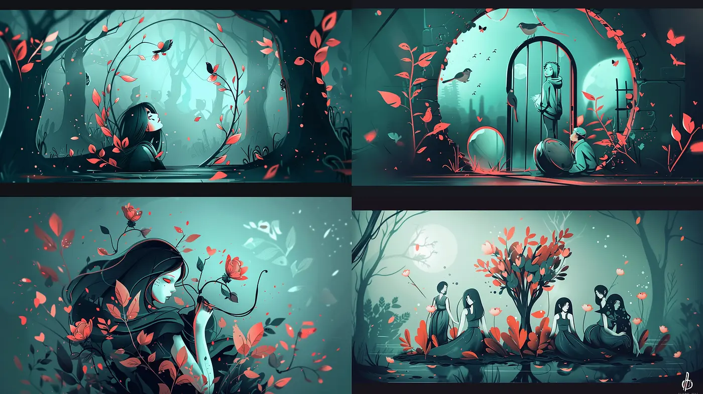 Ethereal Monochromatic Dreamscape with Vivid Crimson Accentuation - Midjourney sref style