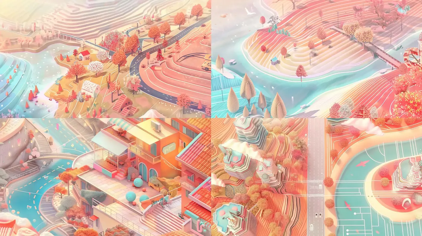 Pastel Dreamscape Fusion with Whimsical Architectural Elements - Midjourney sref style