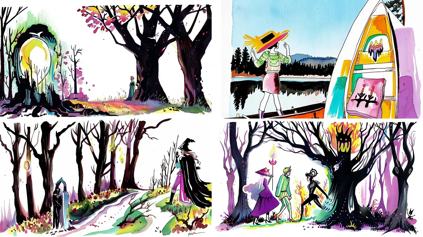 Whimsical Crosshatch Dreamscape: A Melding of Vibrant Color and Playful Illustration - Midjourney sref style