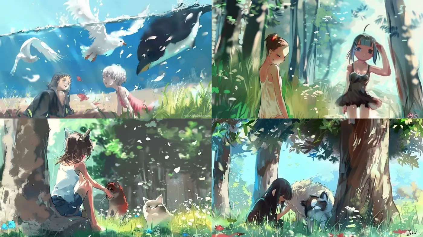 Whimsical Nature's Embrace: A Fusion of Anime Influence and Pastoral Color Schemes - Midjourney sref style