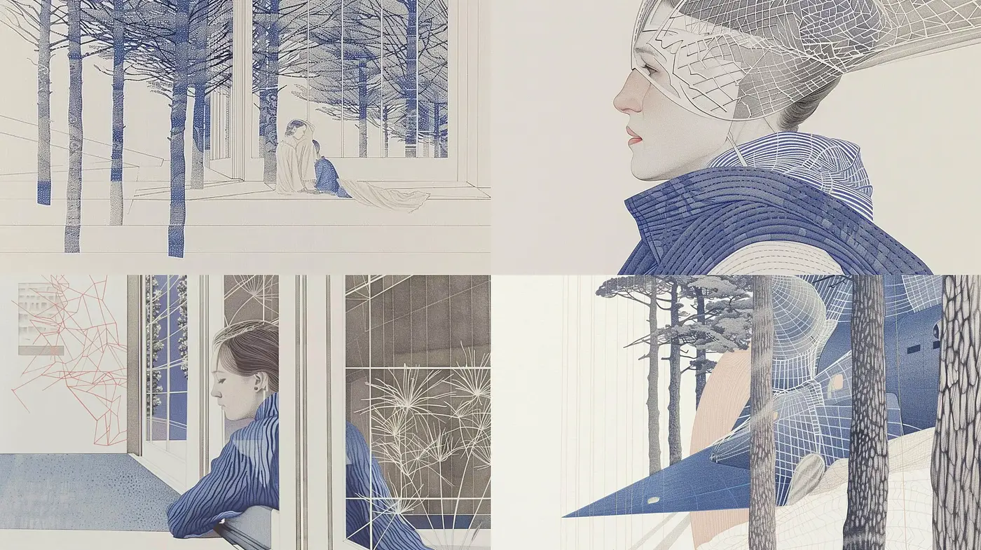 Ethereal Monochrome Blue Dreamscape with Architectural Elegance - Midjourney sref style