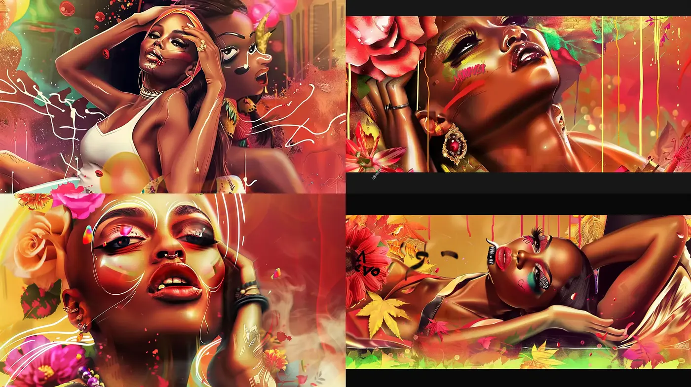 Lush Vibrant Surrealism with a Mixture of Photorealistic Portraiture and Splattered Paint - Midjourney sref style
