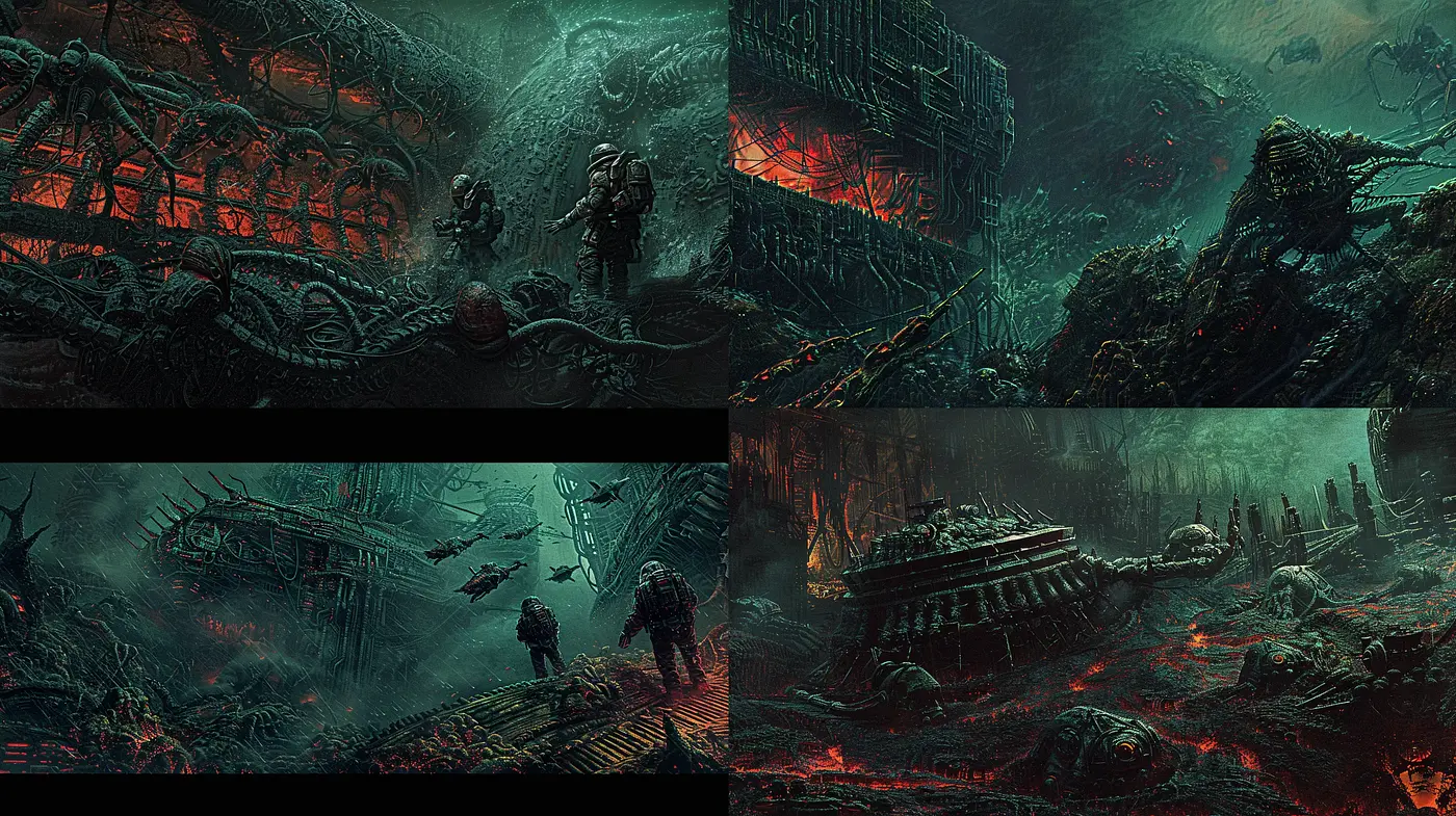 Abyssal Aftermath: An Apocalyptic Vision with a Monochrome Spectrum - Midjourney sref style