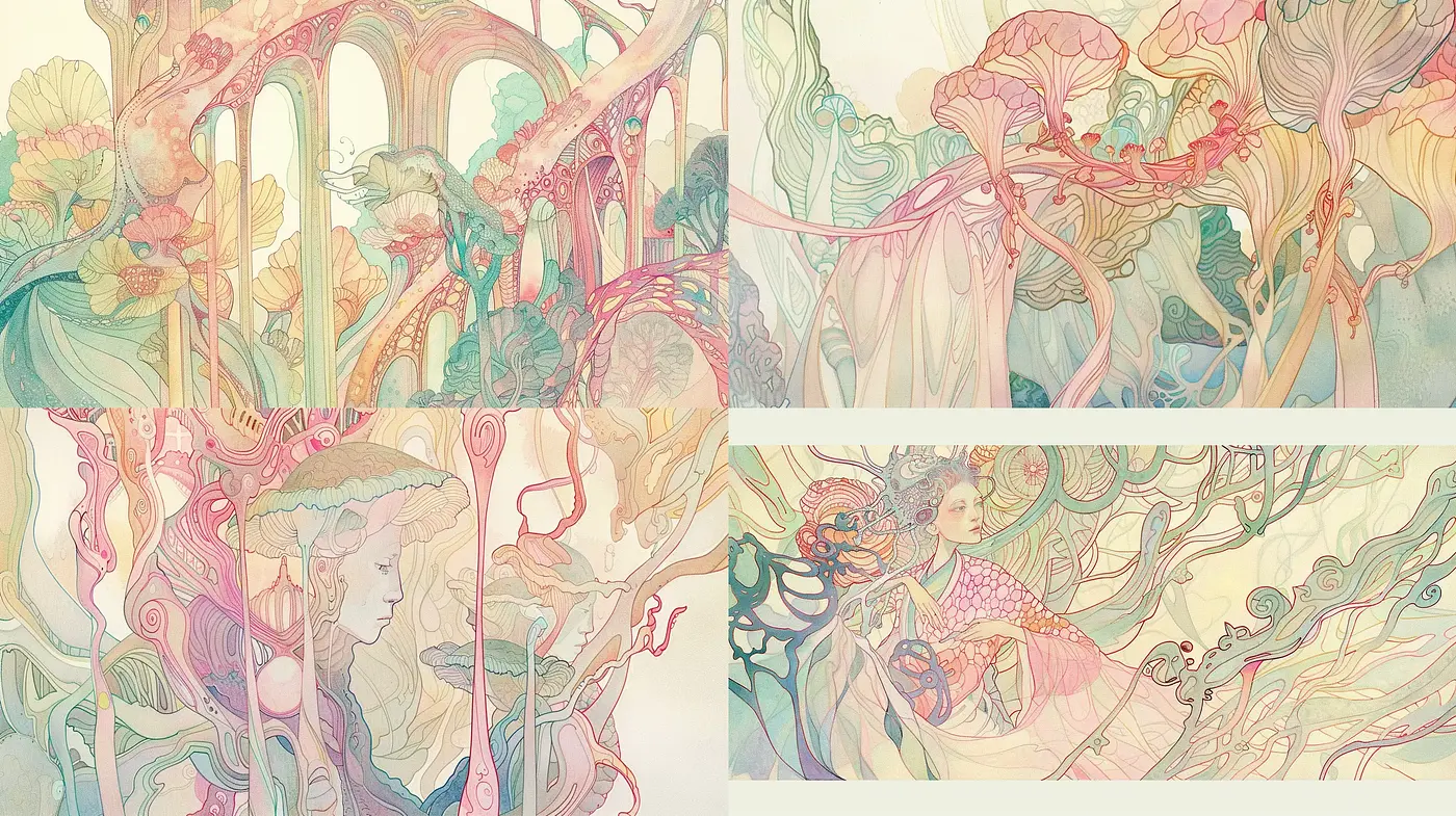 Ethereal Art Nouveau Fusion with Pastel Oeuvre - Midjourney sref style