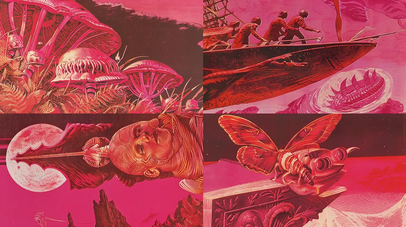 Surreal Crimson Dreamscape: A Study in Psychedelic Nostalgia - Midjourney sref style