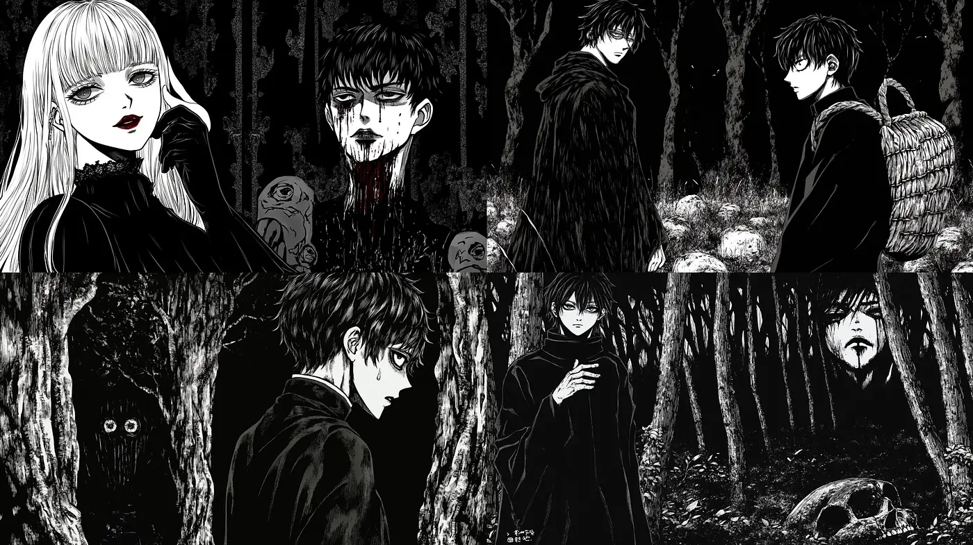 Monochrome Elegy: Dark Anime-Inspired Illustrations with a Somber Mood - Midjourney sref style