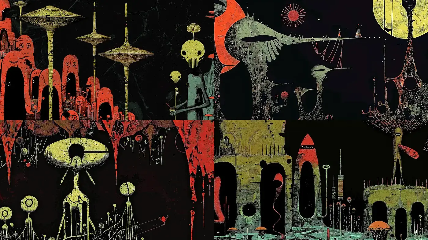 Surreal and Quirky Sci-Fi Landscapes with a Distinctive Retro Aesthetic - Midjourney sref style
