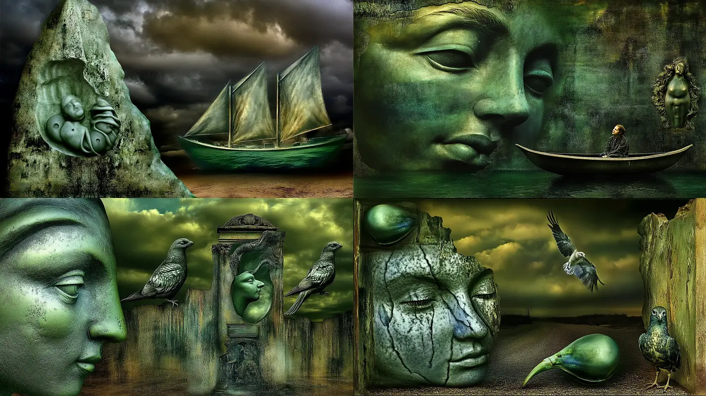 Surreal Dreamscapes with Ethereal Green Overtones - Midjourney sref style