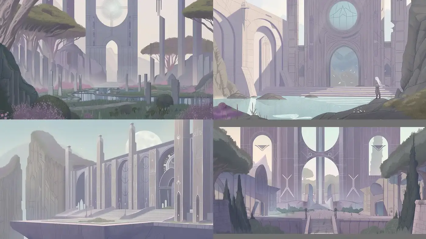 Ethereal architectural landscapes with a serene ambiance - Midjourney sref style