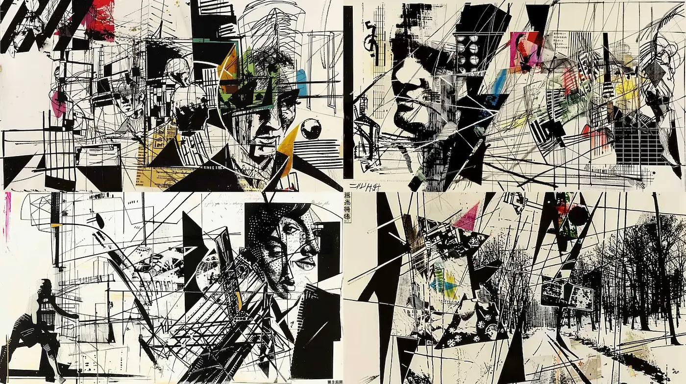 Dynamic and Abstract Composition with Strong Graphic Elements - Midjourney sref style