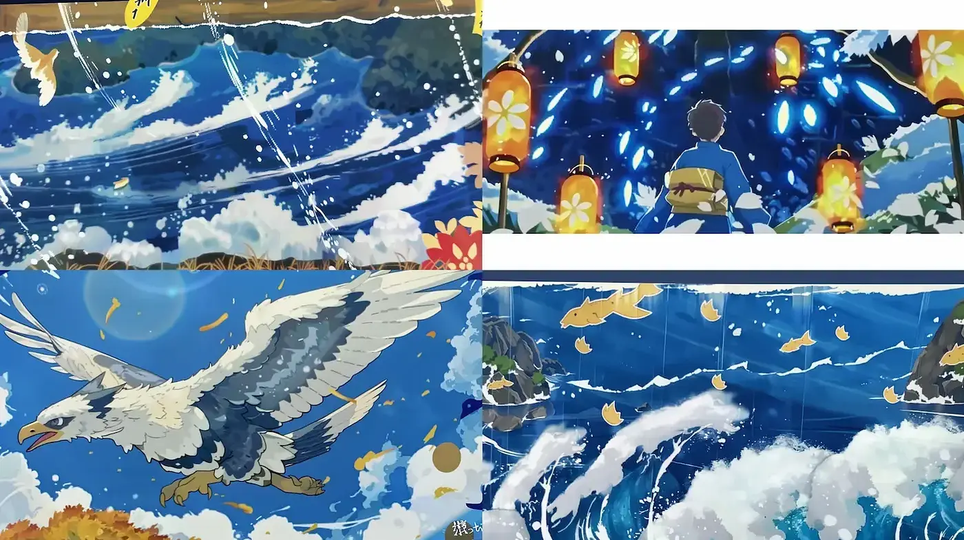 Dynamic aquatic imagery infused with vibrant colors and traditional motifs - Midjourney sref style