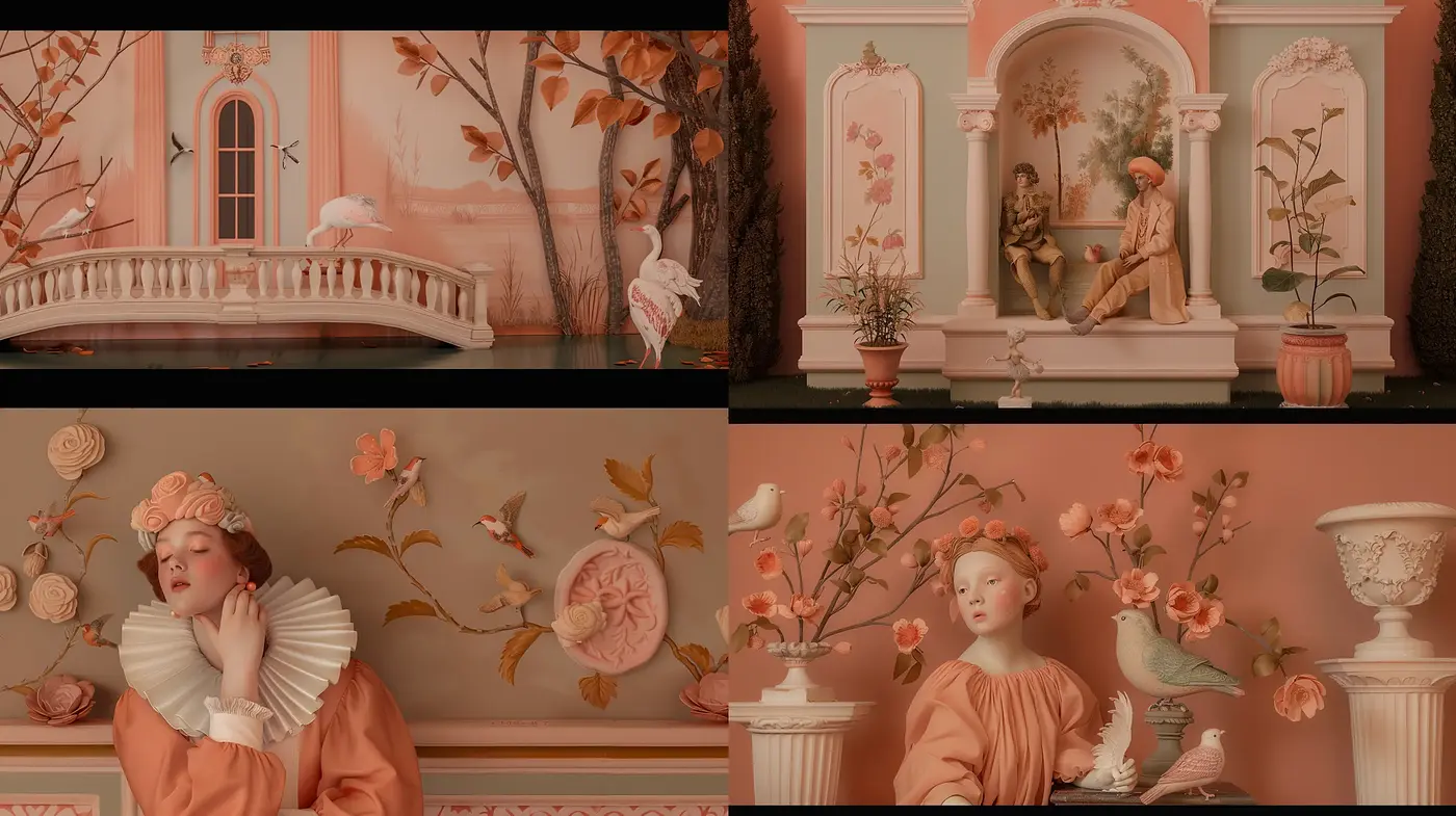 Ethereal Autumn Blush: A Harmonious Blend of Rococo Elegance and Pastel Serenity - Midjourney sref style
