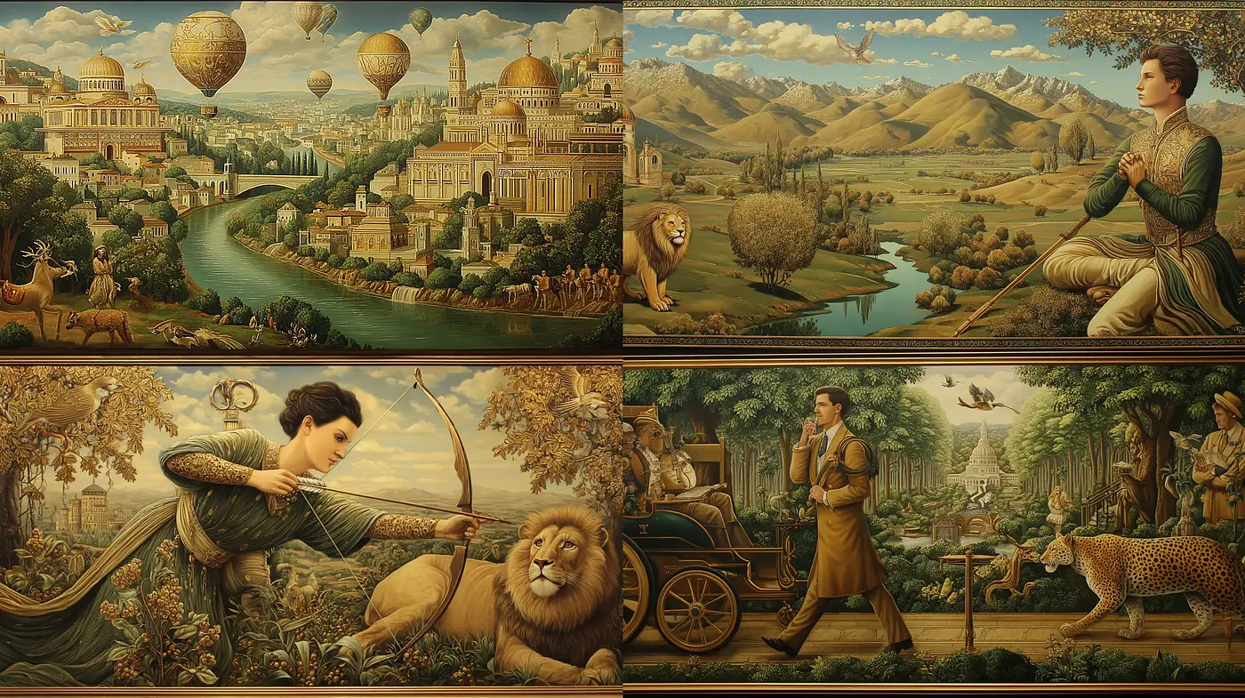 Intricate and Lush Landscapes with Classical Elements and Mythical Undertones - Midjourney sref style