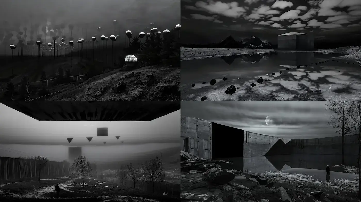 Monochromatic Dreamscapes with Surrealist Undertones - Midjourney sref style