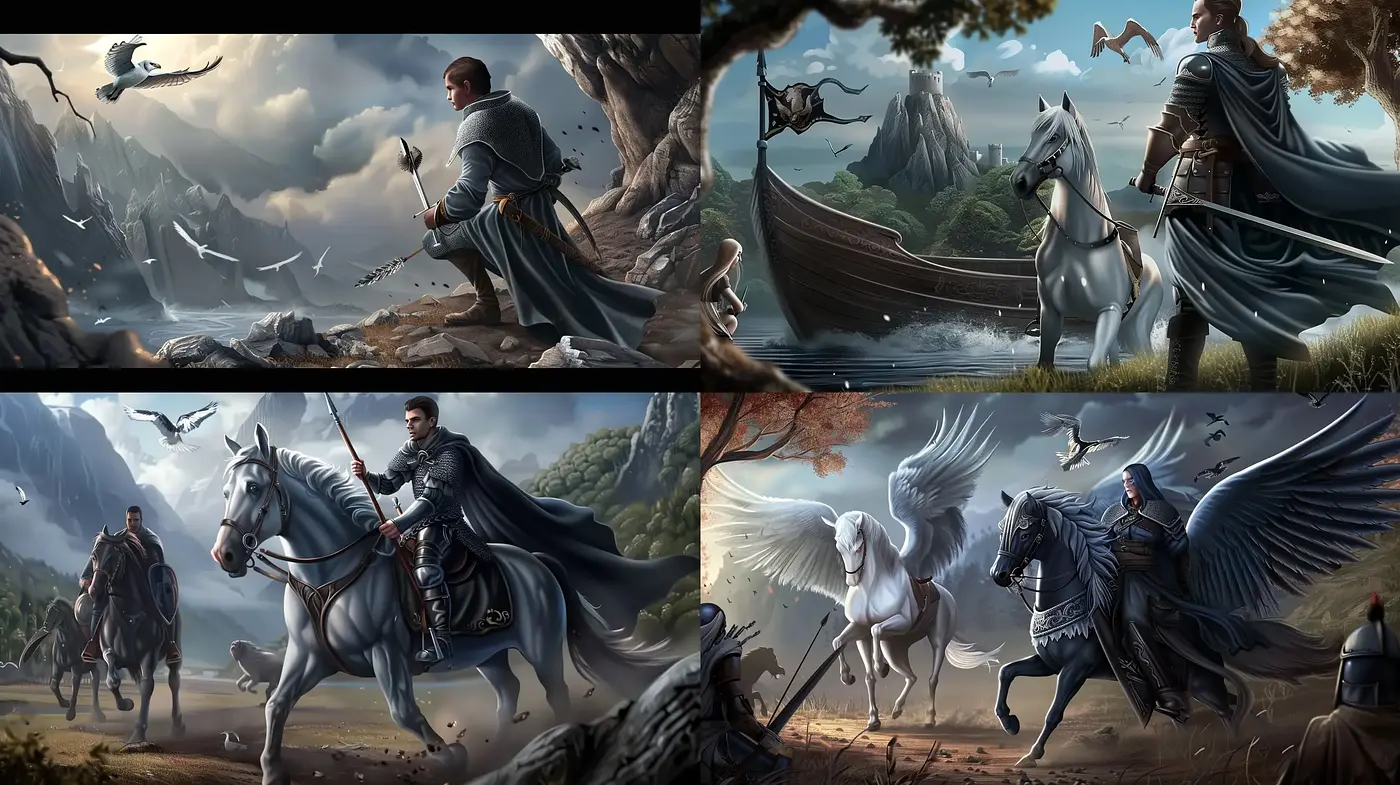 Epic Fantasy Tableaus: A Rendering of Mythical Equestrian Adventures - Midjourney sref style