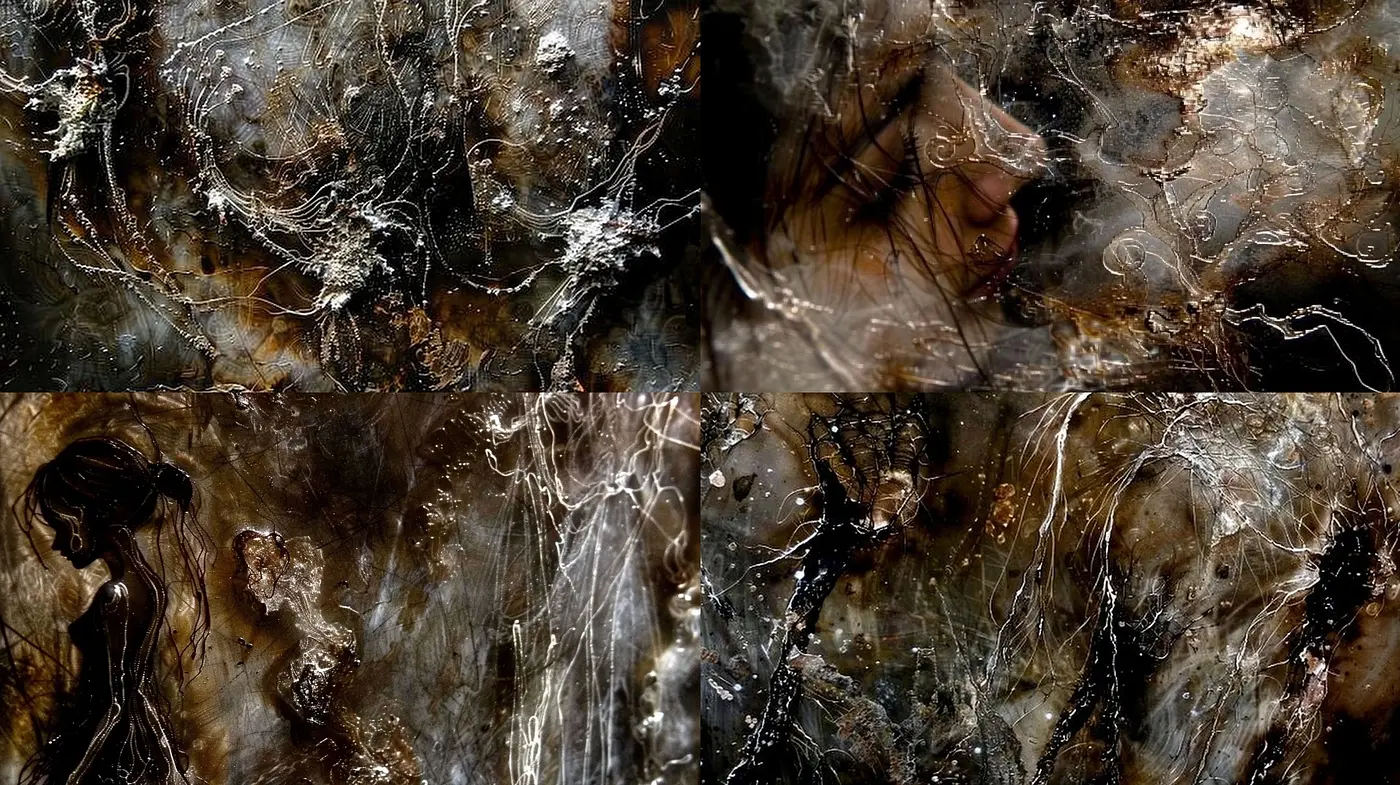 Abstract Ethereal Dreamscapes: A Fusion of Organic Textures and Melancholic Tones - Midjourney sref style