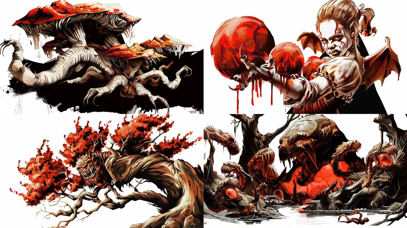 Dynamic and Eerie Fantasy Illustrations with a Distinctive Aesthetic - Midjourney sref style