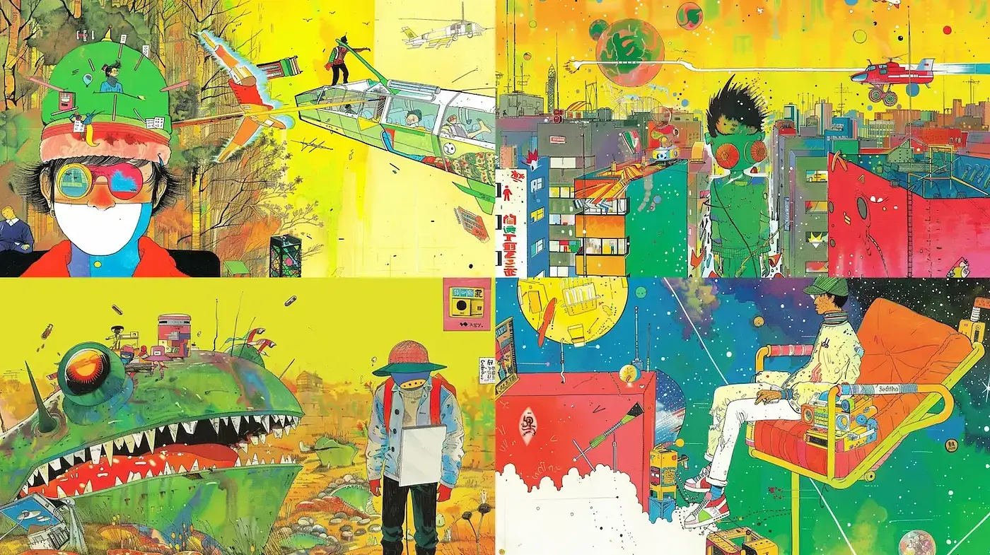 Kaleidoscopic Collage of Surrealism and Street Art Fusion - Midjourney sref style